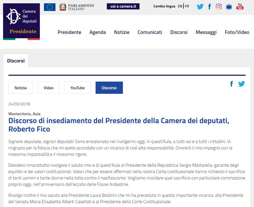 Discorso di insediamento del Presidente della Camera dei deputati, Roberto Fico
